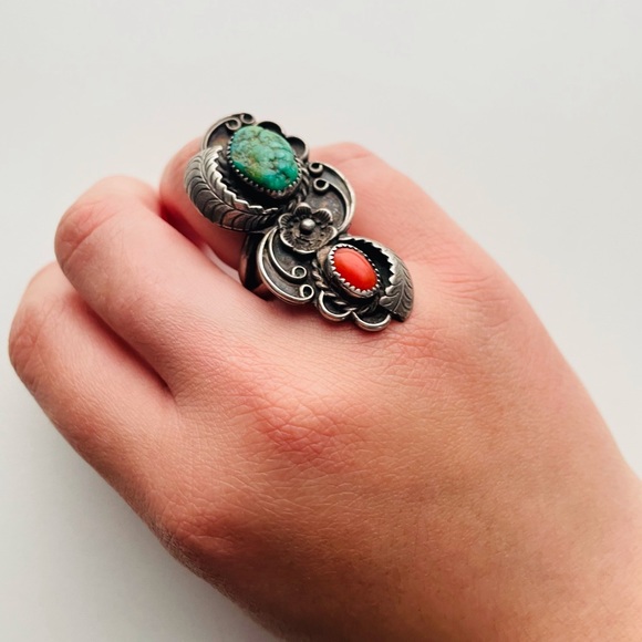 Vintage sterling silver Turquoise coral flower Navajo Ring - Picture 4 of 15